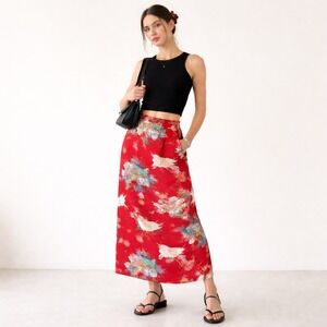 Vintage 90s Red Crane Scenic Print Rayon Statement Midi Skirt Maximalist Large